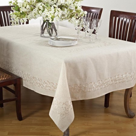 SARO LIFESTYLE SARO  67 x 140 in. Rectangular Embroidered Swirl Design Linen Blend Tablecloth - Natural 493.N67140B